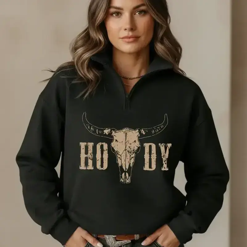 Women's Casual Style Loose-Fit Baggy Oversized Long Sleeve Half-Zip Pullover Sweatshirt, Western Cowboy Animal Print, Collared High Neck, Lightweight Comfortable, Perfect for Fall & Winter, Casual Pullover Tops, Casual Fashion Sweatshirt