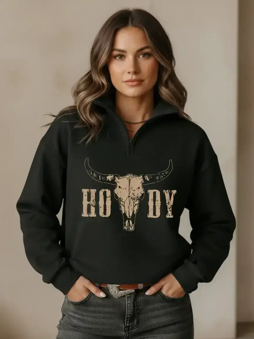 Women's Casual Style Loose-Fit Baggy Oversized Long Sleeve Half-Zip Pullover Sweatshirt, Western Cowboy Animal Print, Collared High Neck, Lightweight Comfortable, Perfect for Fall & Winter, Casual Pullover Tops