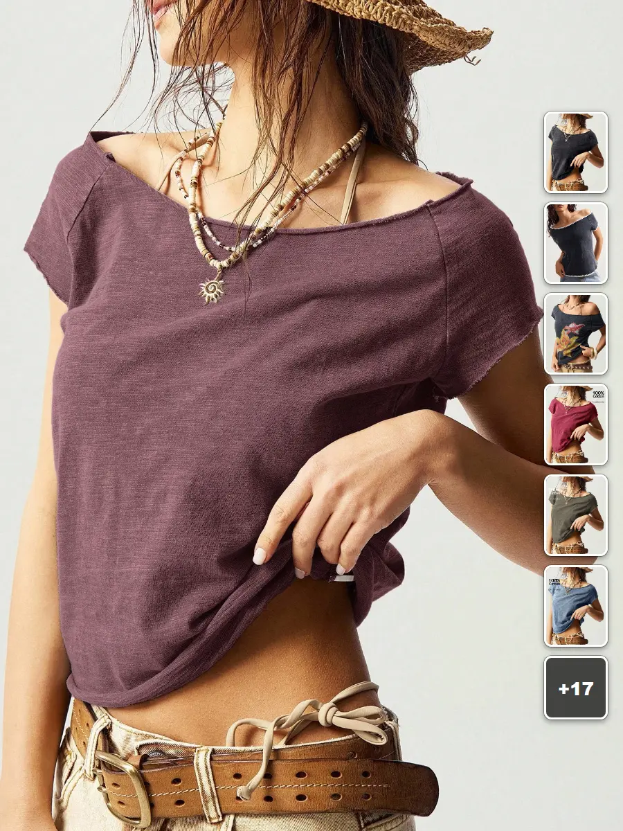 Off Shoulder T-Shirt Knitted Washed Short Sleeve Summer Vacation Outfit