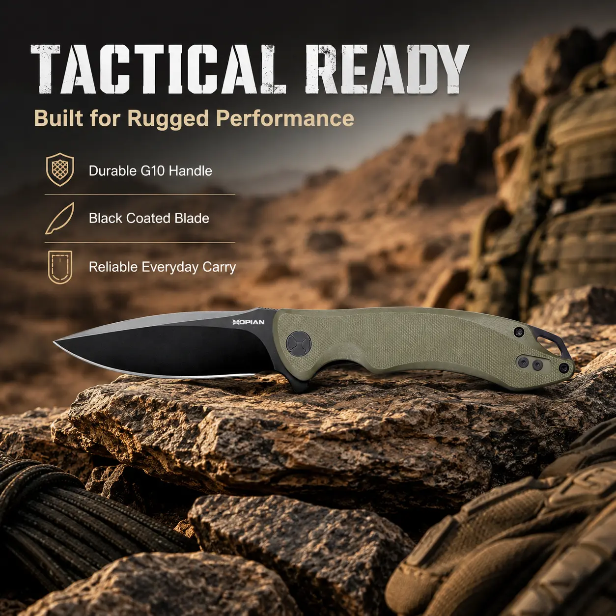 HOPIAN ARCUS Tactical Folding Knife, 8.12" D2 Steel Straight Edge Blade with Olive Green G10 Handle - Ambidextrous EDC Gear with Liner Lock and Reversible Clip for Backpacking, Camping, Whittling