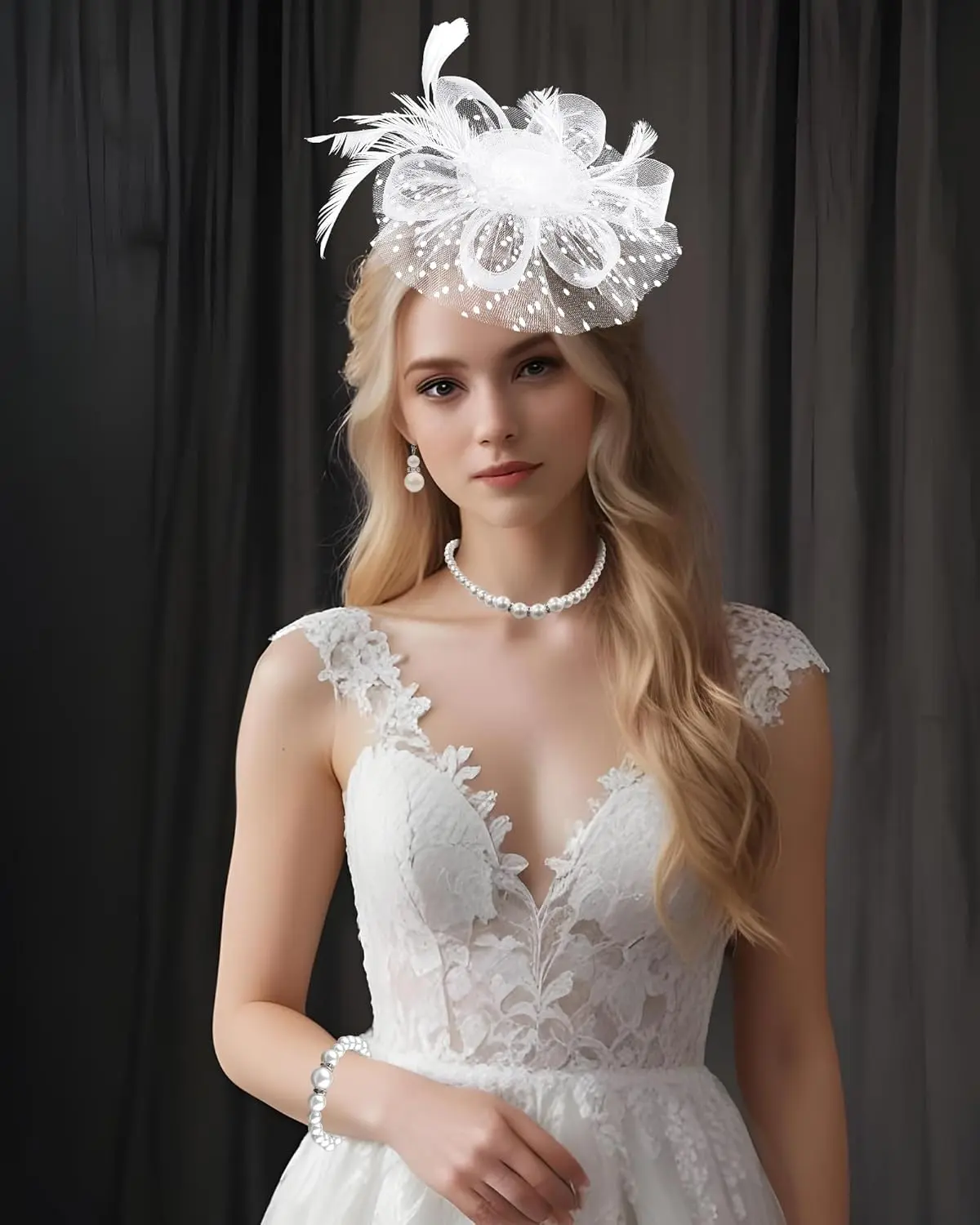 White Fascinator Hat with Gloves Set for Women Tea Party Wedding Costume 3pcs/Set Fascinators Hats And Lace Gloves Set For Women  main image 2