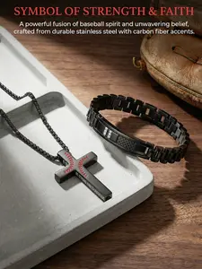 2-piece Bible 1:9 Cross Necklace and Luxury 18K Bracelet Set, Diamond-encrusted/Stainless Steel/Fade-resistant/Hypoallergenic/Couple/Festival/Party/Ideal Gift