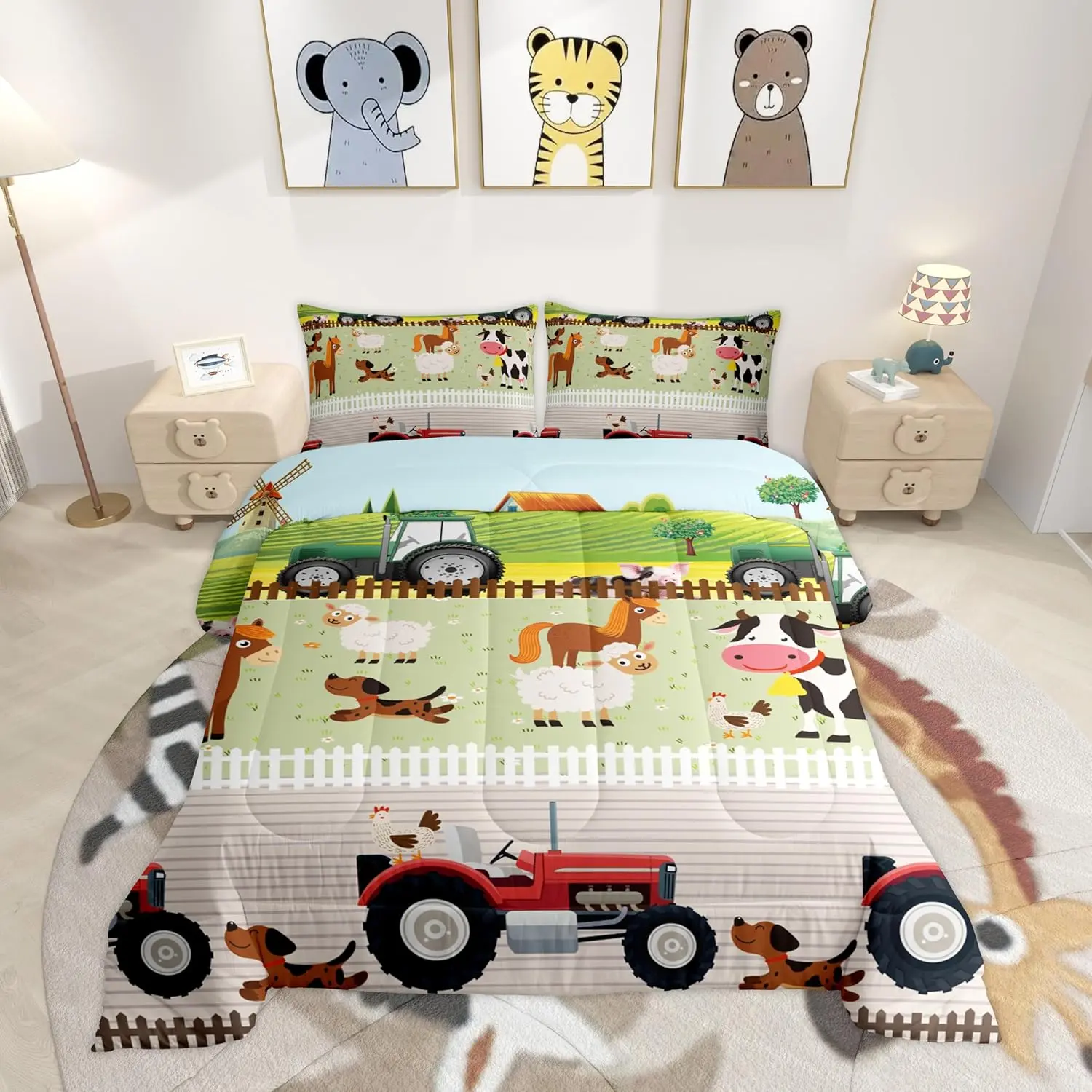 Feelyou Toddler Girl Tractor Bedding Set - Cute Cartoon Farm Animal Comforter, Colorful Nature Theme Duvet, Blanket Gifts for Farmhouse Bedding Decor