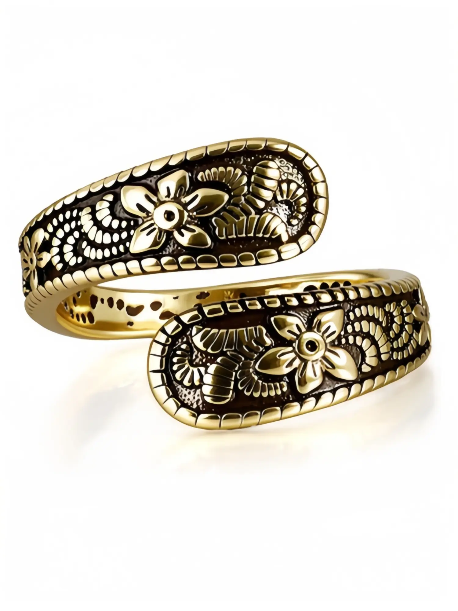 1pc Adjustable Gold Plated Pure Copper Flower Engraved Open Cuff Ring, Vintage Floral Embossed Spiral Wrap Ring, Bohemian Boho Ethnic Style Jewelry, for Women, Daily Wear, Festival, Stacking, Viral TikTok Statement Ring, Boho Style Rings, Stackable Rings