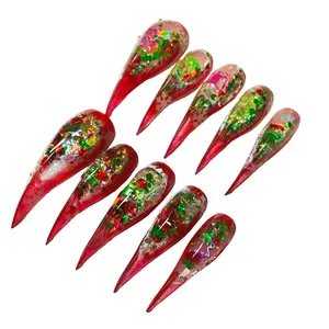 Jmnails Christmas Long & Short Dragon/Cat Water Nails 10 Pcs Acrylic Holographic Glitter Salon-Quality Press-Ons for Festive Glam