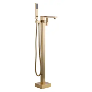 WOWOW Single-Handle Floor Mount Freestanding Tub Faucet Waterfall Tub Filler with Handheld Shower in Brushed Gold