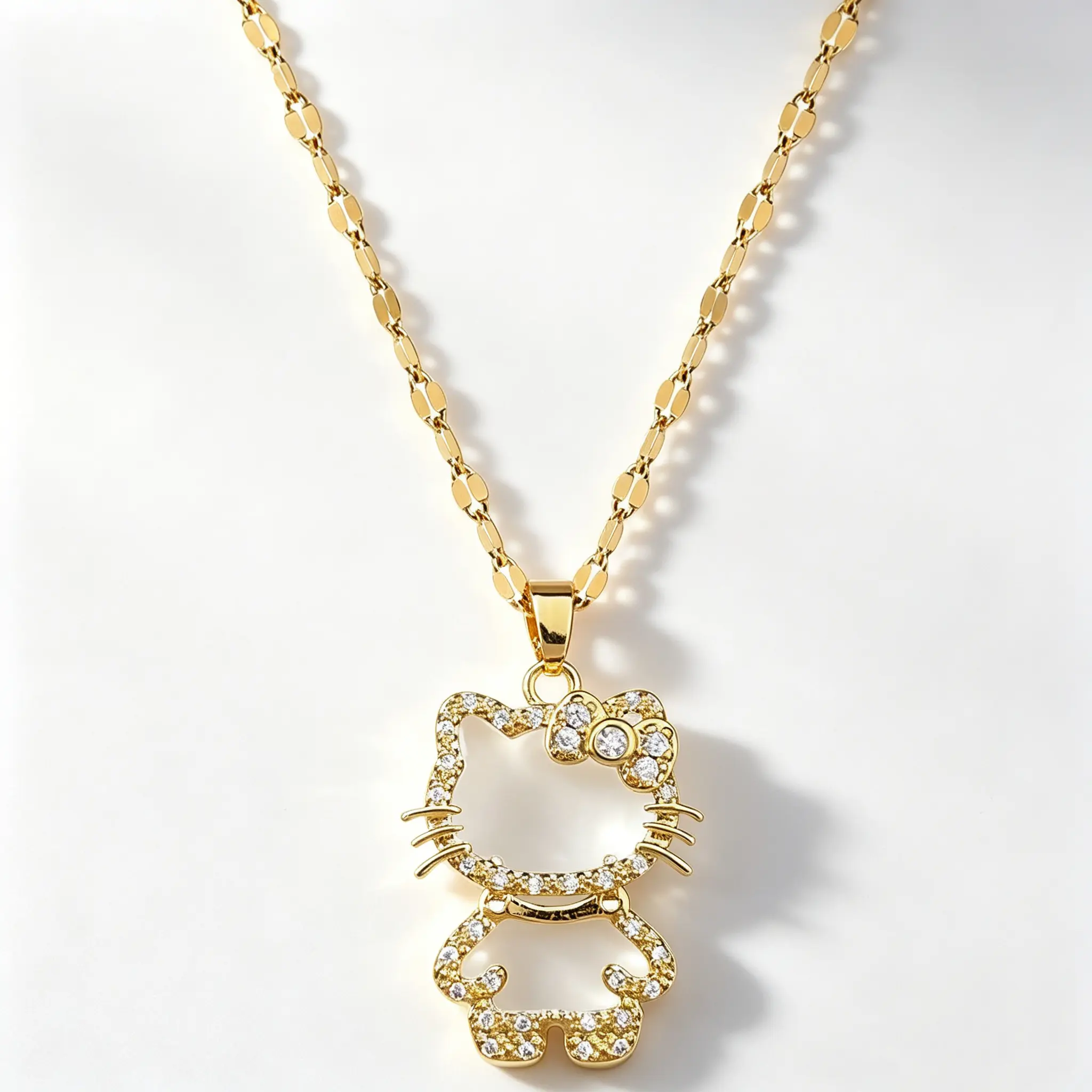 Sanrio Hello Kitty Gold Openwork Hollow-Out Pendant Necklace with Iconic Bow, Gold Color Chain & Link, Exquisite Jewelry Gift for Daily Female Wear, Elegant