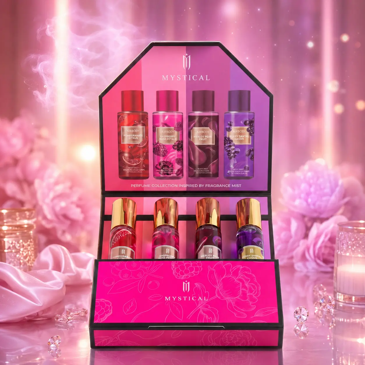 MYSTICAL 4Pcs Perfume Collection Gift Set for Women, Long Lasting Body Fragrance Mist Spray Kit - Pomegranate Citrus, Raspberry Rose, Merlot Pear, Berry Santal, Perfect Valentine Birthday Gift