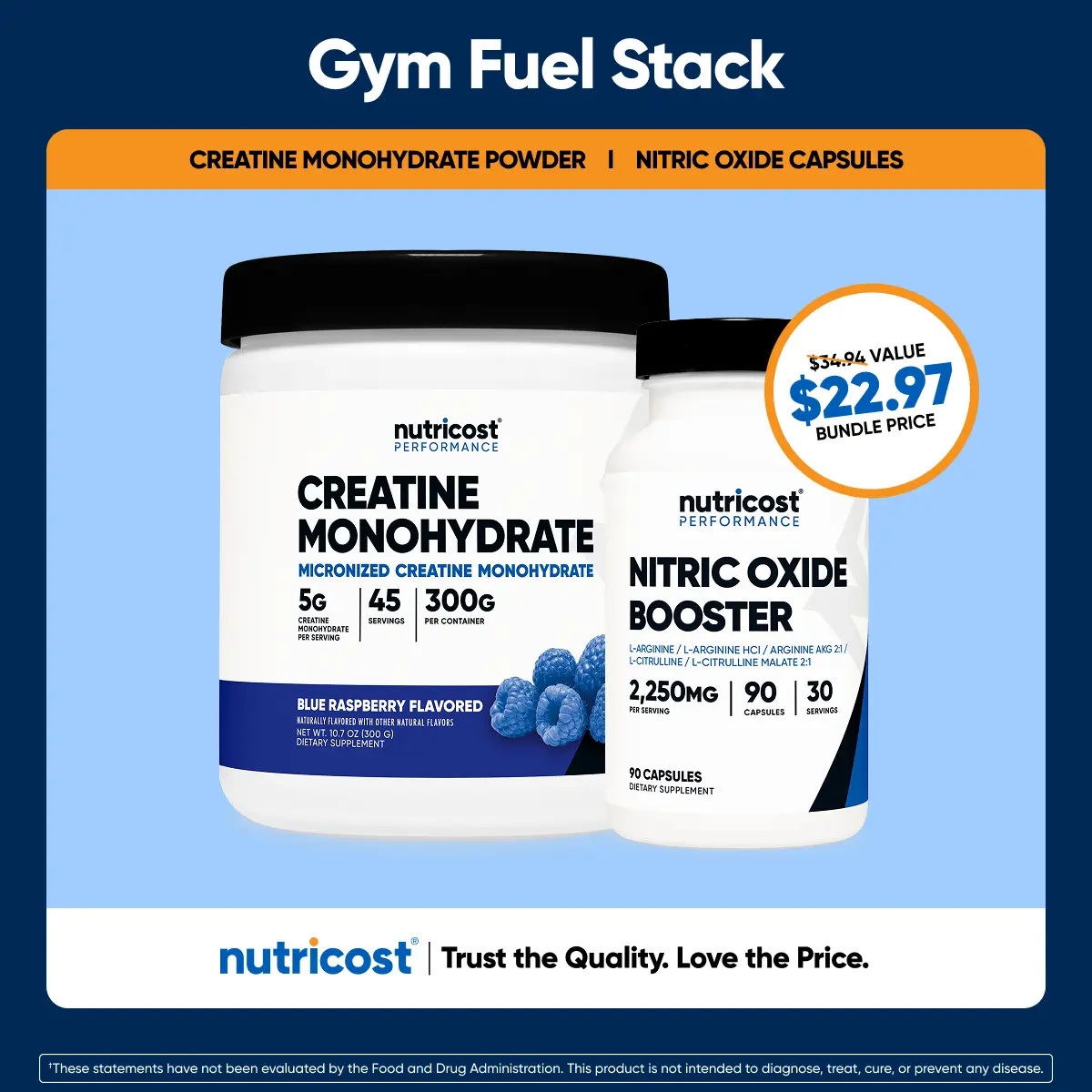 Gym Fuel Stack - Creatine Monohydrate Powder 300G + Nitric Oxide Capsules 30 Servings