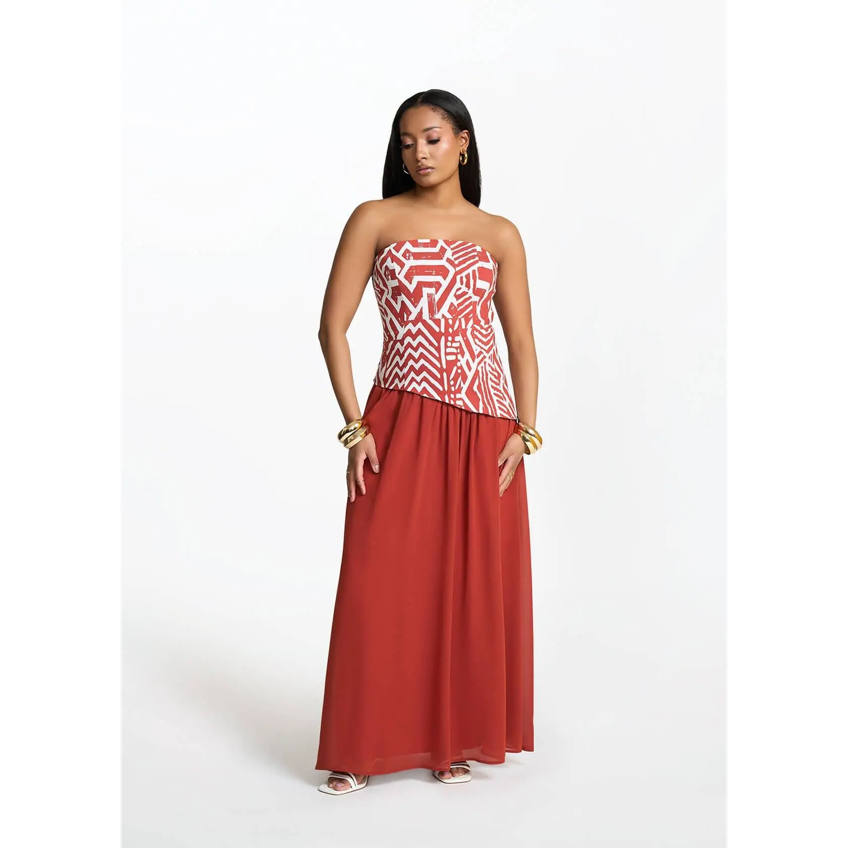 Damilola Women's African Print Strapless Dress (Brick Multipattern)