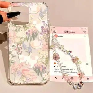 Floral Pattern Phone Case with Chain, Decorative smartphone protector, Decorative Phone Protector Cover, Phone Guard, Phone Accessories Compatible with iPhone 11 12 13 14 15 Pro Max, Flower