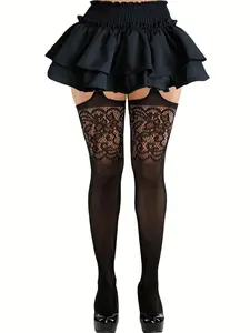 Vintage Hollow Out Floral Lace Stockings, Sexy Sheer Mesh Pattern, Women's Layered Pantyhose, Breathable and Durable, Fashionable and Soft Material, Lingerie, Underwear, Womenswear
