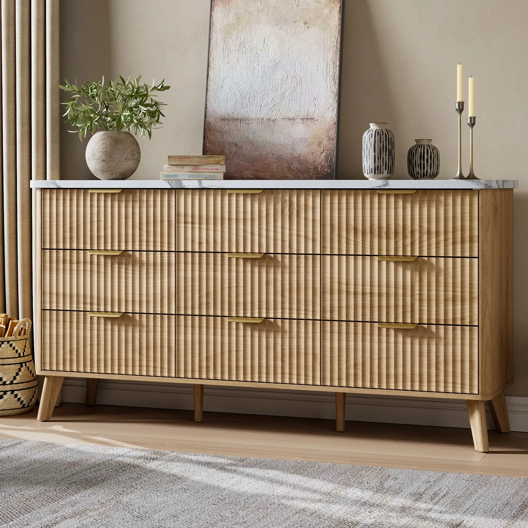 Fluted Dresser for Bedroom with 9 Deep Drawers, 60.6" Wide Modern Chest of Drawer with Faux Marble Top, Wooden Dresser TV Stand, Curved Profile Design, for Living Room, Kids Room, Hallway