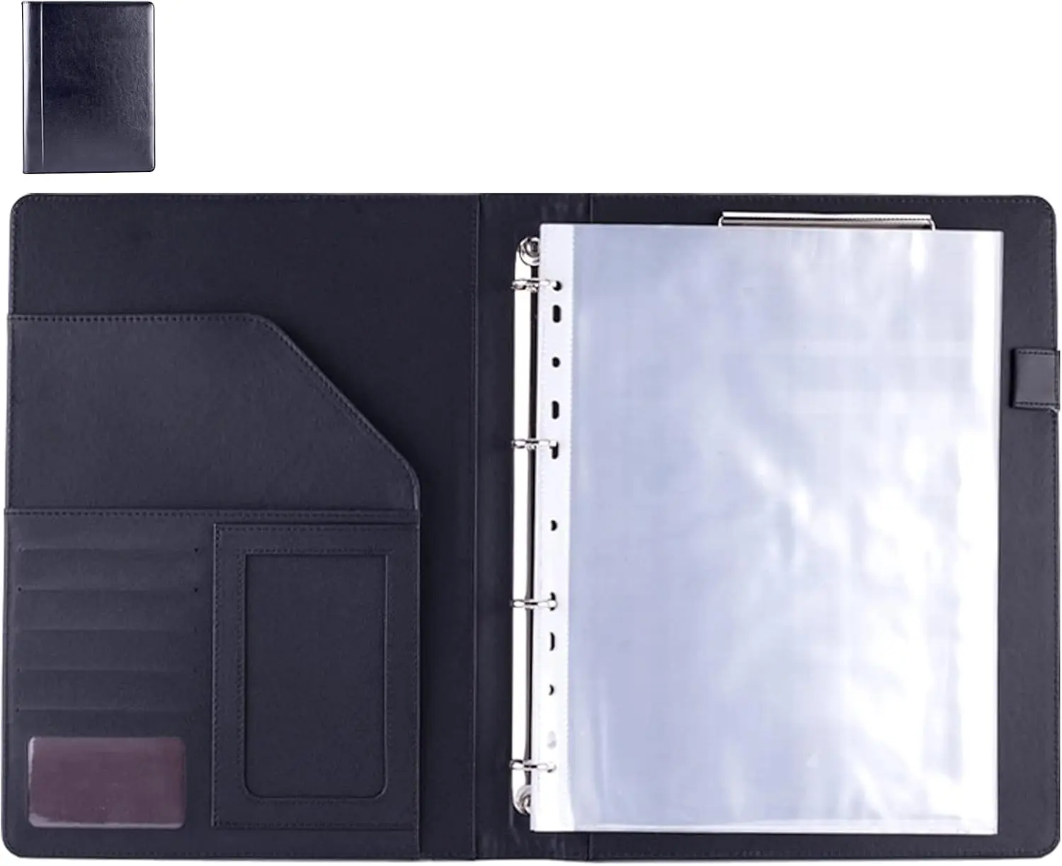 PU Leather Padfolio Ring Binder with Clipboard Resume Leather Portfolio with 20 Clear Plastic Sleeves Black