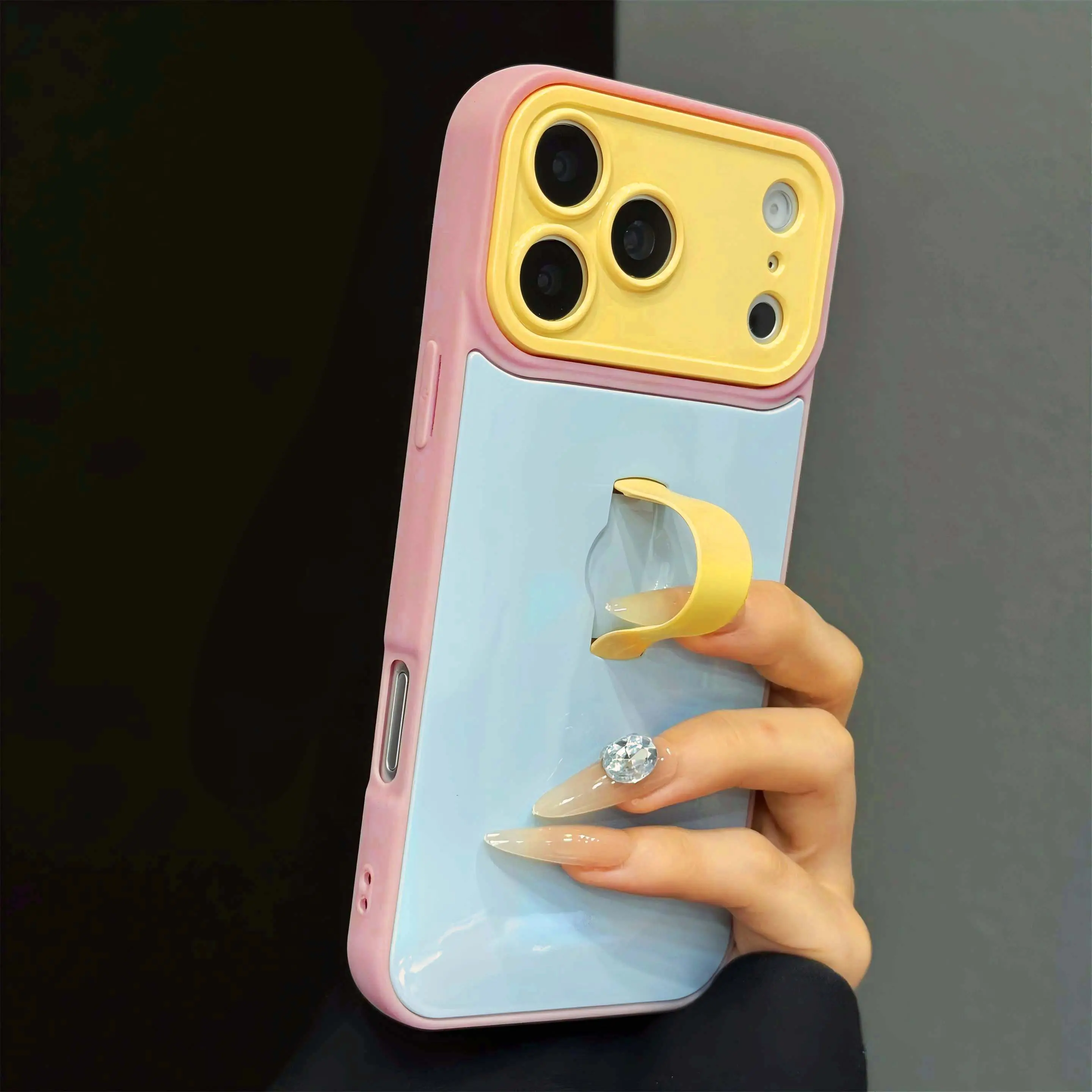 Color Blocking Dopamine Phone Case with Finger Strap Kickstand,Slim Full Camera Protection Shockproof Cover for iPhone 17 Pro Max 16 15 14 13