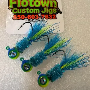 Flotown Bluegrass Custom Jigs 850-603-7632 Flora Alabama Fishing Lures with Blue and Green Feather Details