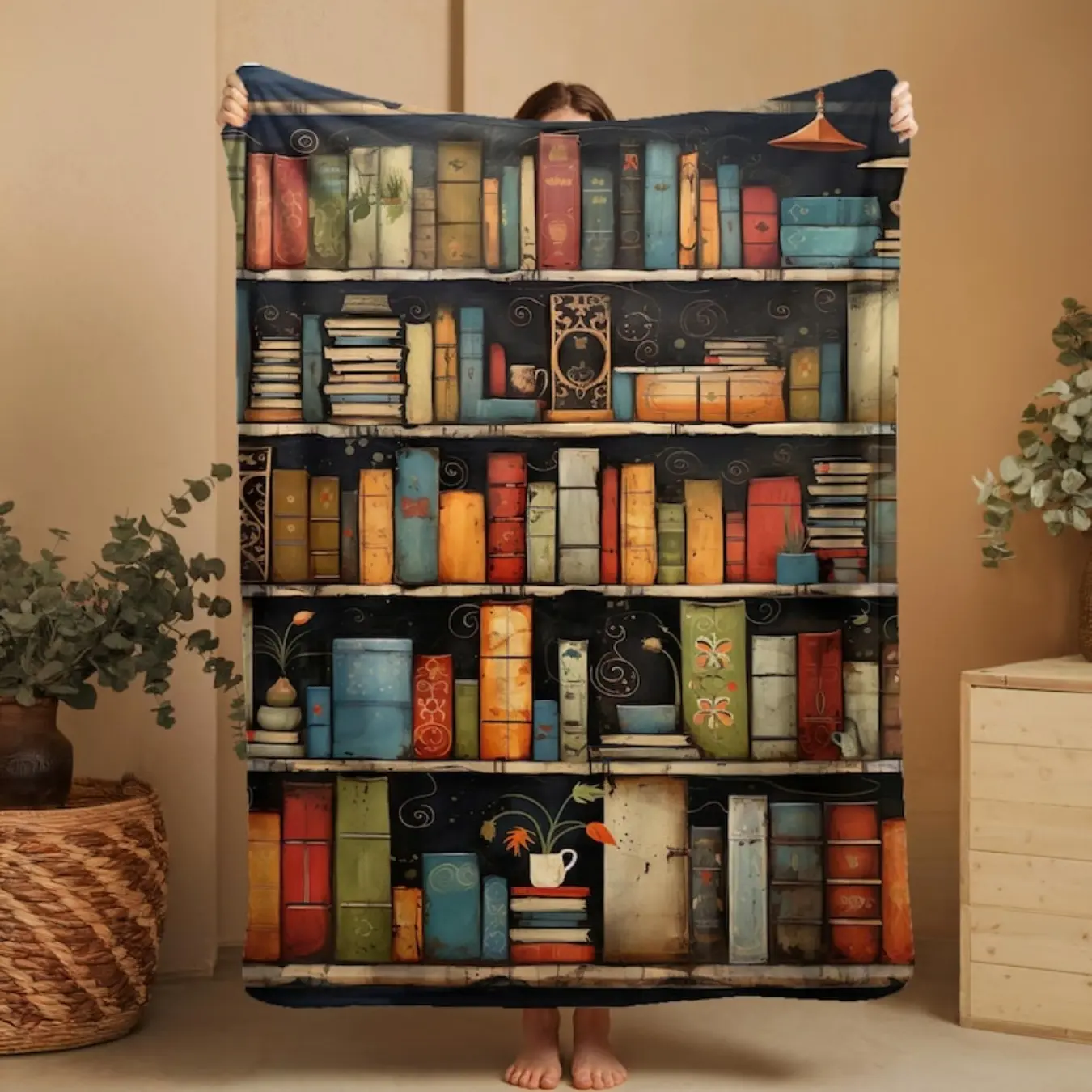 2025 New Vintage Bookshelf Library Throw Blanket, Cottagecore Book Wildlowers Blanket Gift For Book Lover Library Gift For Reader Blanket All-Season Home Bedroom Bed Sofa Picnic Cover Family Friends and Chridren Perfect Gift Christmas Present