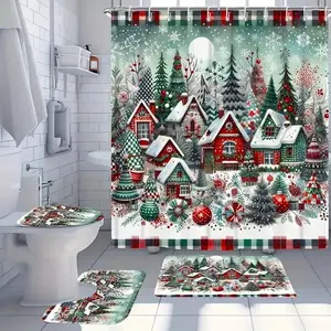 1/4pcs Christmas themed town shower curtain set, festive design, non-slip floor mat, U-shaped carpet, toilet lid cover, perfect for bathroom decoration, partition, beautify the space, free 12 shower curtain hooks, Bathroom Accessory