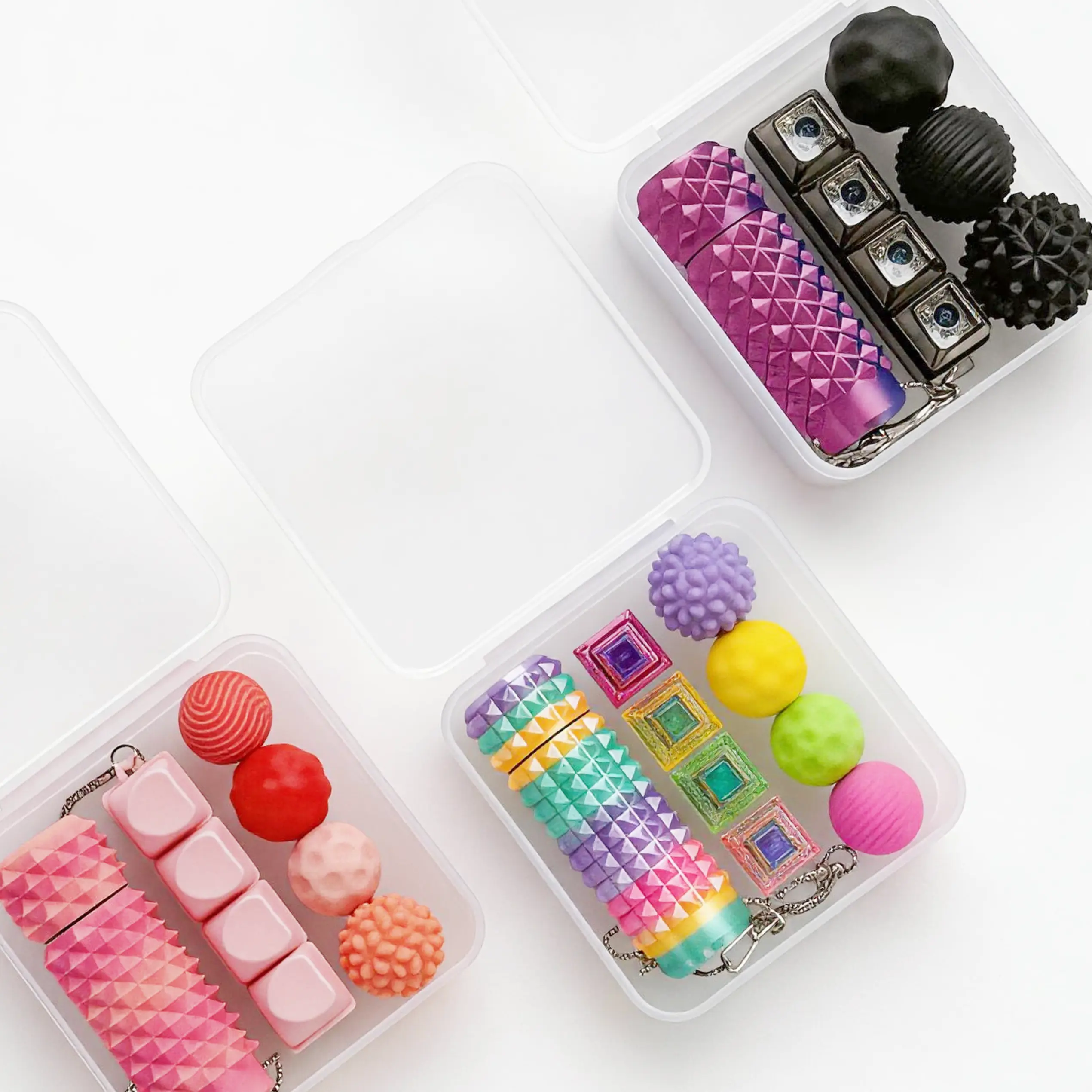 3-in-1 Fidget Box | Pain Stim Fidget Toy & Glowing Keyboard Clicker & Stress-Relieving Magnetic Balls, 3D Printed Spiky Grippie Stim Keychain, LED Light Keyboard, 3-in-one Finger Spinner Toys Sensory EDC Gift for Student Office Friends ADHD relief