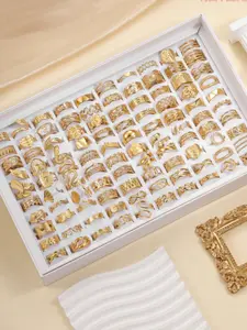 6pcs/15pcs Stainless Steel 18K Gold Plated Simple Geometric Open Rings, Fashionable For Women Daily Wear (Random Delivery)