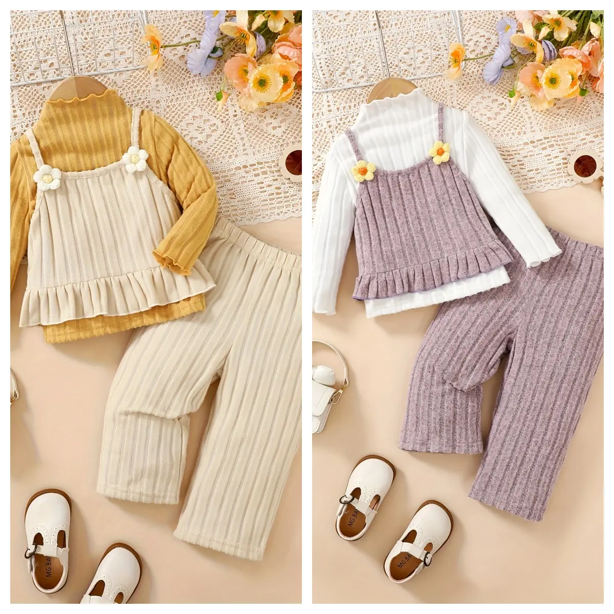 Ready Stock 6M-3Y Kids Girls Fall&Winter Sets  Long Sleeve Turtleneck Knit Tops with Flower Straps&Elastics Pants 2pcs 12409071