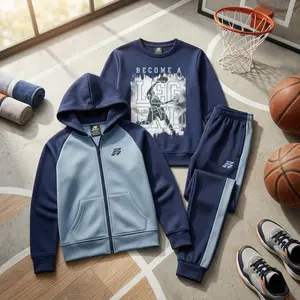 Boys' 3-Piece Tracksuit Set - Long Sleeve Graphic Tee, Fleece Zip-Up Hoodie, and Sweatpants for Active Kids, Comfortable Athletic Wear for Sports, School, and Casual Play
