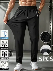Pack of 5 men’s lightweight ice silk straight-leg pants — breathable, quick-drying, casual loose fit with drawstring waist, zippered pockets; suitable for fitness, sports, and outdoor hiking.