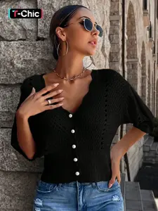 Women's Summer Thin Beach Vacation Casual Loose Fit Half Sleeve Pearl Button V Neck Hollow Out Knitwear Cardigan (pattern Random)