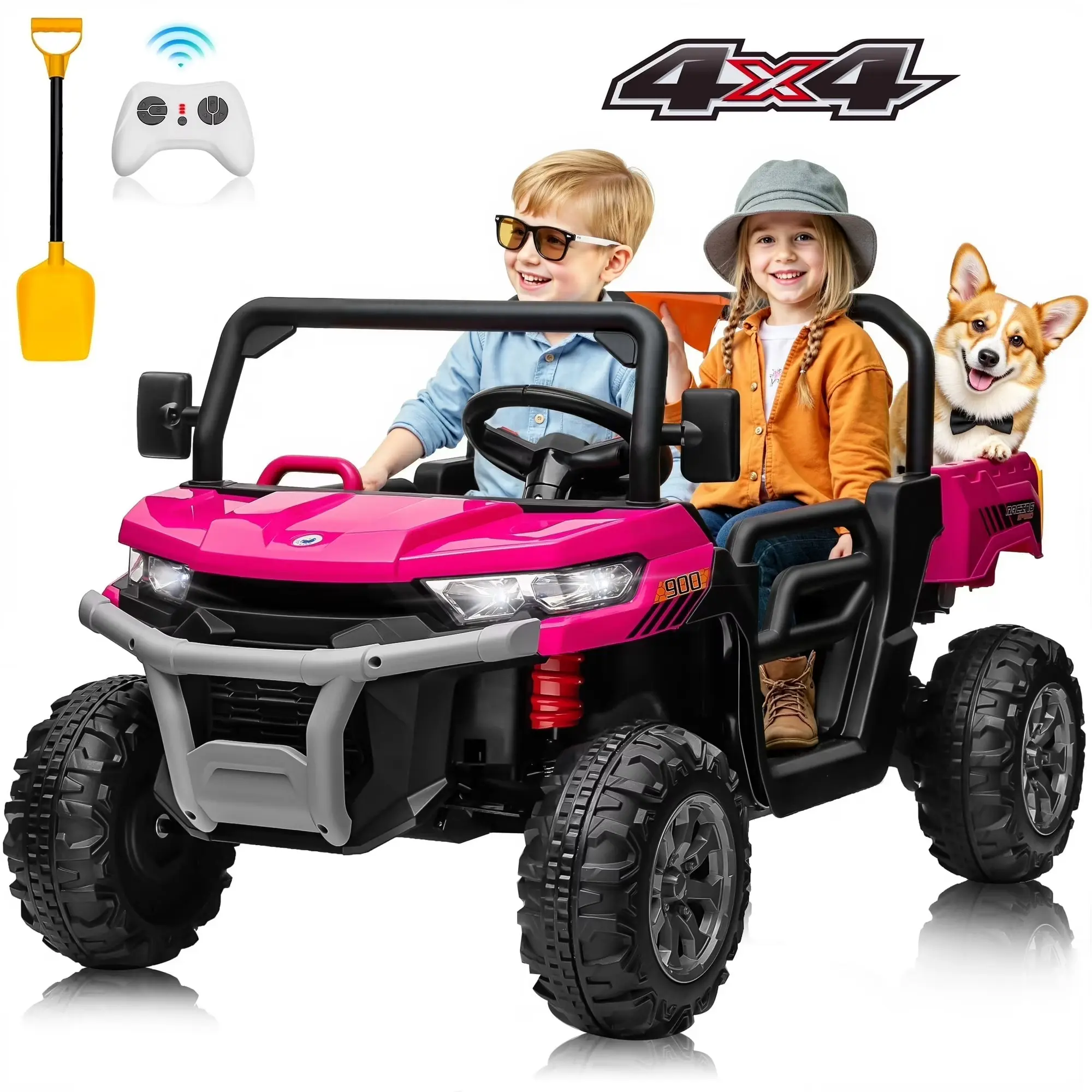 JOYRACER 24V 4WD Rechargeable Batteries Ride on ATV for Boys & Girls, 800W 2-Seater UTV w/Remote Control, 3 Speed Control, Dump Bed, Shovel, Bluetooth Music, LED Lights, 46.8"L×26.7"W×25.6"H, Outdoor Toy Gift for Kids 3-8
