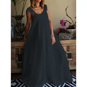 Tassel Design Solid Color Tank Dress Loose Slimming Long Dress Plus Size Dress Casual Womenswear sundress pool party outfit summer outfits birthday dress homecomingdress white dress dresses summer Formal Sleeveless elegantoutfits Polyester Vneck