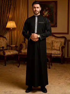 Muslim Middle Eastern Traditional Clothing Men Stand Collar Robe Modesty Thobe Geometric Embroidered Front, Eid Al Fitr Hajj Festival Apparel