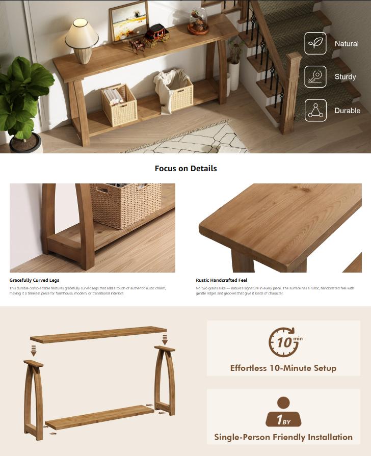 PieDle Solid Wood Console Table, 63" Long Farmhouse Entryway Tables Narrow Behind Couch Table with A-Shaped Curved Legs, Rustic Skinny Sofa Tables for Living Room, Hallway or Foyer