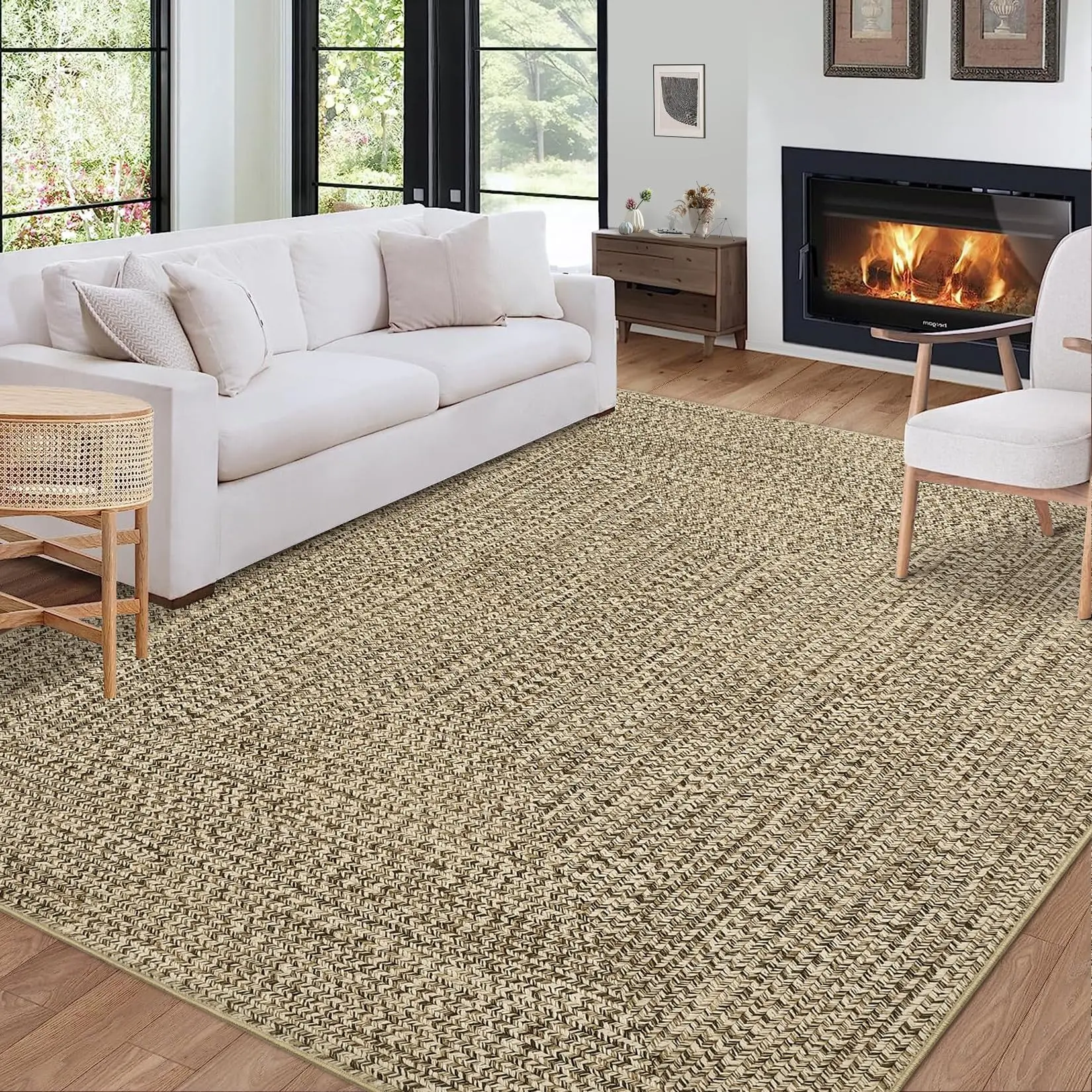 3x5 Washable Rug with Non Slip Backing Living Room Rug Printed Braided Floor Cover Low Pile Solid Printed Weaving Carpet for Bedroom Kids Room, Beige Yellow
