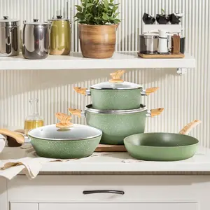 Induction Cookware Sets - 12 Piece Cooking Pan Set, Granite Black Nonstick Pots and Pans Set green