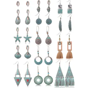 Sanfenly 14Pairs Vintage Boho Earrings Dangle Pendant Earrings Alloy Long Bohemian Retro Drop Earrings Set for Women