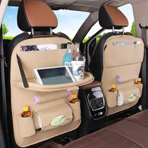 Universal Car Seat Back Storage Bag, PU Leather Waterproof Multi-Pocket Rear Seat Organizer, Car Interior Accessory, Foldable Tray Included, 1pc