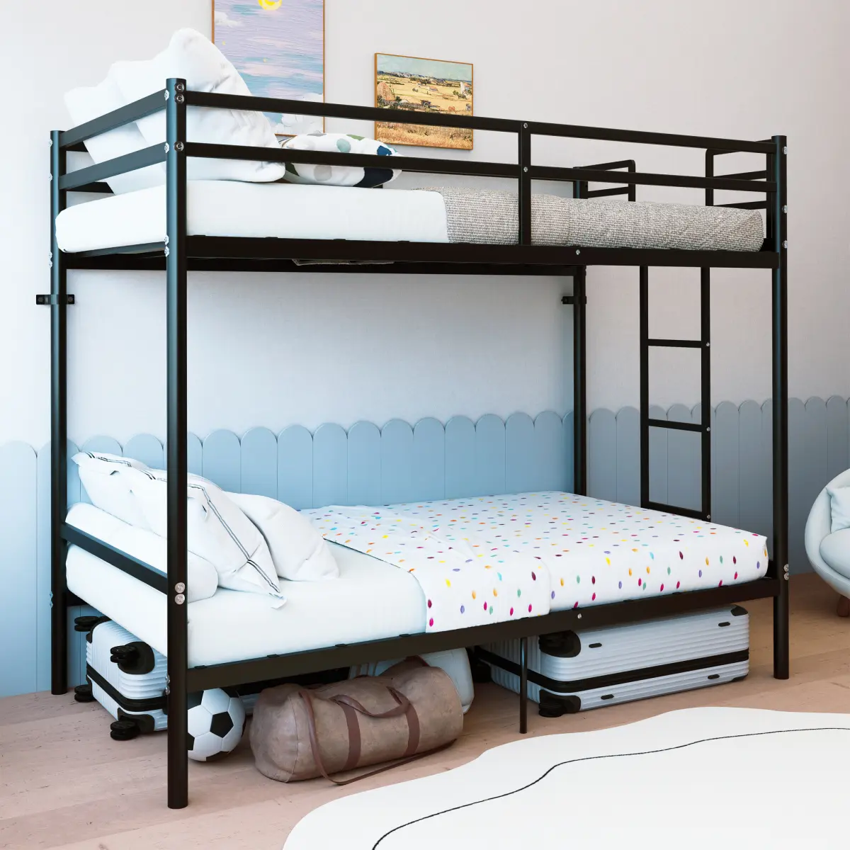 Twin Over Twin Black Stainless Steel Glam Metal Bunk Bed - Ladder, High Guardrail, Splittable, Storage Space, Noise-Free, Requires Assembly, Single Size