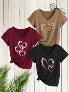 3-Pack Women's Casual V-Neck Short Sleeve T-Shirts, Heart Print, Slim Fit, Spring Summer Fashion, Daily Wear, Top