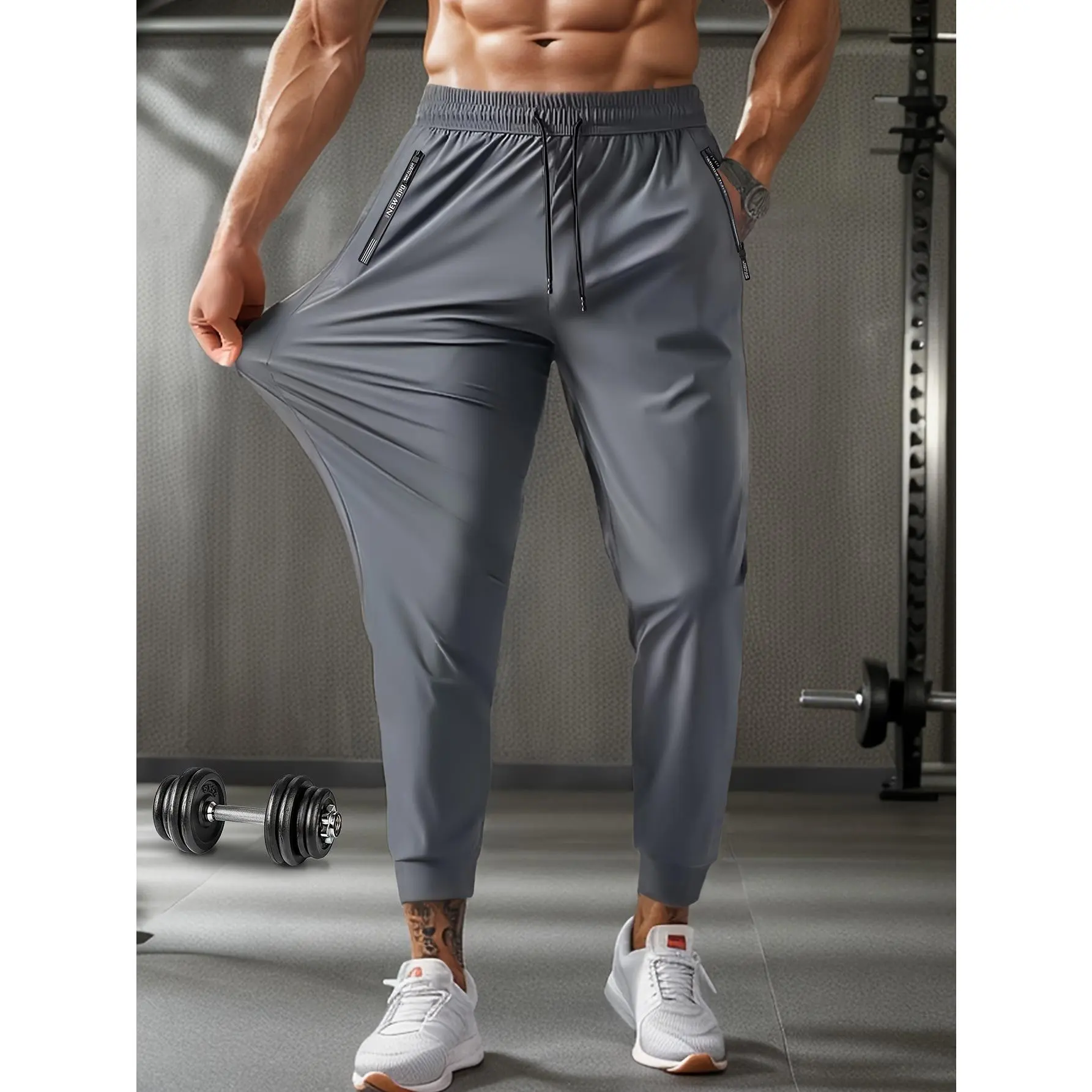 [Stretch Jogging Pants] Black Men's Breathable Stretch Jogging Pants - with Zipper Pockets, Adjustable Waist, Ideal for Gym, Running & Outdoor Activities, Versatile Joggers | Sporty Look | Functional Zippers