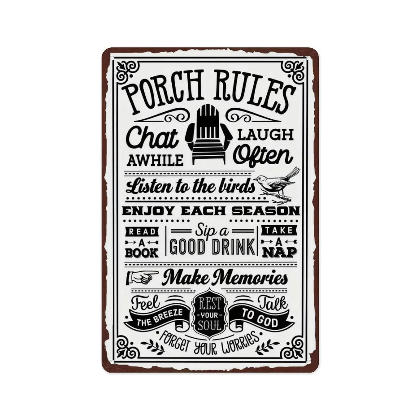 12×8in Porch Rules Vintage Black White Typography Metal Sign, Farmhouse Patio Porch Inspirational Aluminum Wall Art, Front Porch Home Decor Gift
