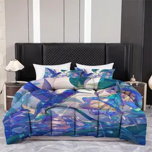 3pcs Printed quilt three-piece set (1 quiltr+2 pillowcases) - Vibrant Hummingbird Floral Quilt Set, Blue Purple Ethereal Design, Soft Microfiber Comforter, All Season Bedroom Decor, Aesthetic Bedding