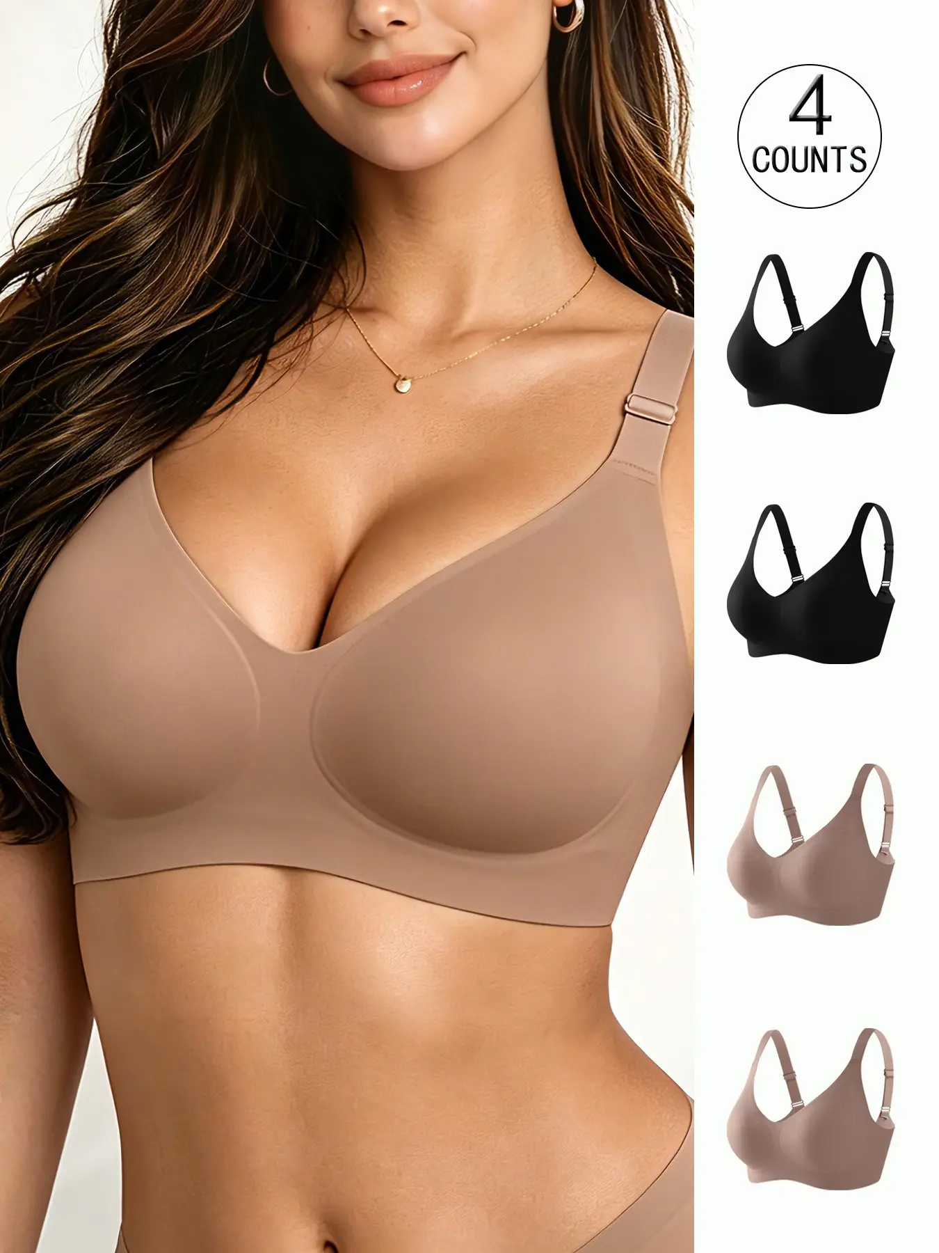 4 Pack / 6 colors, women's seamless smooth jelly Casual Everyday underwear bra, Breathable fit bra, four rows of three hooks, push-up, adjustable, breathable, skin-friendly, comfortable, suitable for daily wear, yoga, women's non-wire bra, Breathable bras