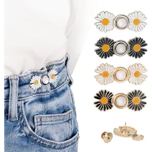 Pant Waist Tightener, Detachable Jean Buttons for Loose Jeans, No Sew and No Tools Button Pins for Jeans, Adjustable Jean Buttons Pins, Daisy Flower Instant Pants Button Tightener 4 Sets