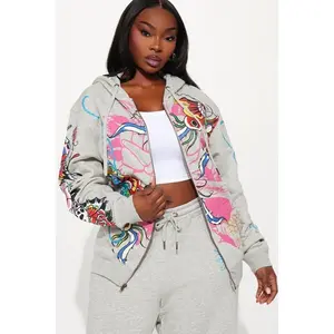 Ed Hardy Butterflies Zip Up Oversized Hoodie - Heather Grey D