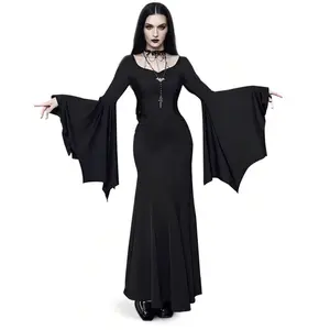 Gothic Black Maxi Dress with Bell Sleeves | Halloween Witch Costume | Sexy Vampire Cosplay Party Outfit | Dark Aesthetic Y2K TikTok Trending Clubwear Skirt