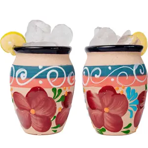 Cantaritos de Barro Jarritos Mexicanos - Set of 2 Authentic Mexican Glazed Clay Mugs 14 Oz For Drink Margaritas & Tequila Special For Taco Tuesda & Mexican Parties (Navy Blue Rim Flowers Desing)