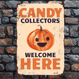 Vintage Pumpkin Halloween Wall Art Sign in 12x8 Inch Aluminum Featuring Candy Collectors Welcome Here Text for Rustic Home or Bar Decor
