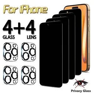 Set of 8 [4pcs Privacy Screen Protector+4pcs Camera Lens Protector] For iPhone 17/17 Pro/17 Pro Max/17 Air/16E/16/15/14/Plus/13/12/Mini/11,9H Hardness,Upgrade Edge Protection,Resist Scratches,Anti-Peeping,Anti-Fingerprint,Bubble-Free Installation