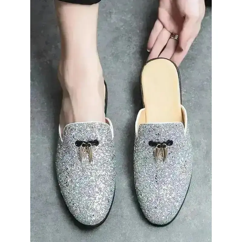 2026 Men Glitter Slip On Mules Casual Comfortable Breathable Fashionable Daily Wear Lightweight All Seasons Boy Shoes, Everyday, Stretch, Adjustable, Arch Support, Trendy, Easy Off, Bohemian, Strappy, Gladiator Chic