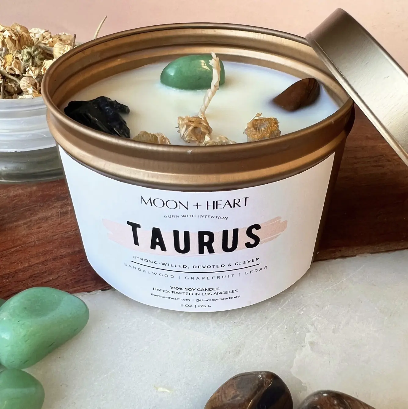The Moon Heart TAURUS zodiac sign soy wax candle with infused crystals, great for manifestation Aroma Decor Gift Scent Set Fragrance Fruit Hand Light Succulent